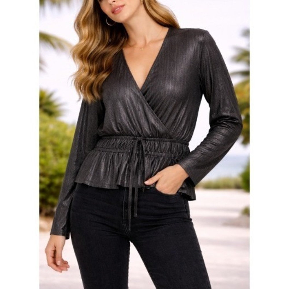Marc NY Women's Charcoal Metallic Pleated Smocked Peplum Top Size‎ XL NWT